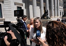 Esther Llamazares habla a las puertas del Congreso en nombre del resto de diputados del PP de Asturias, Silverio Argüelles y Mercedes Fernández (al fondo).