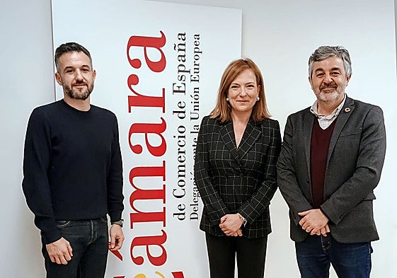 El viceconsejero de Infraestructuras, Jorge García; Pilar Ruiz Huélamo, directora de la Delegación de la Cámara de Comercio de España ante la UE, y el consejero Alejandro Calvo, en la reunión mantenida en Bruselas.