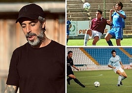A la izquierda, Hugo Grandío en la actualidad. Arriba, con el Real Avilés y abajo, con el Celta B.
