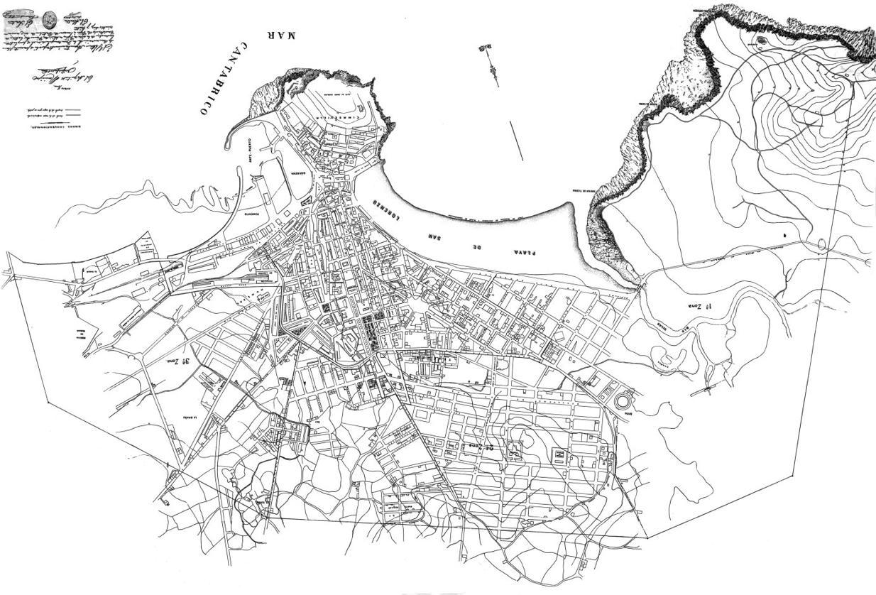 Reproducción fotográfica del plano elaborado por Miguel García de la Cruz para el ensanche de la ciudad, que data de 1913. Estado del Club de Regatas en 1937 en una imagen tomada por un piloto nazi de la Legión Cóndor.