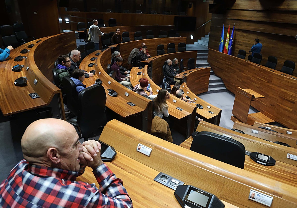 Uno de los grupos que visitó la Junta, sentado en el hemiciclo asturiano.