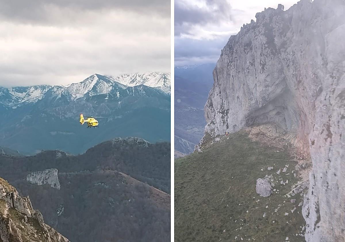 Los equipos de rescate evacuan a un hombre con posible fractura de tibia, tras sufrir una caída en la ruta Ojo de Buey, en Peña Mea, Laviana.
