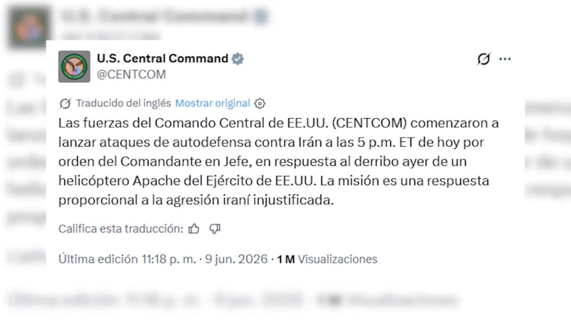 EEUU ataca Irán "en legítima defensa" por el "derribo" de un helicóptero en Ormuz