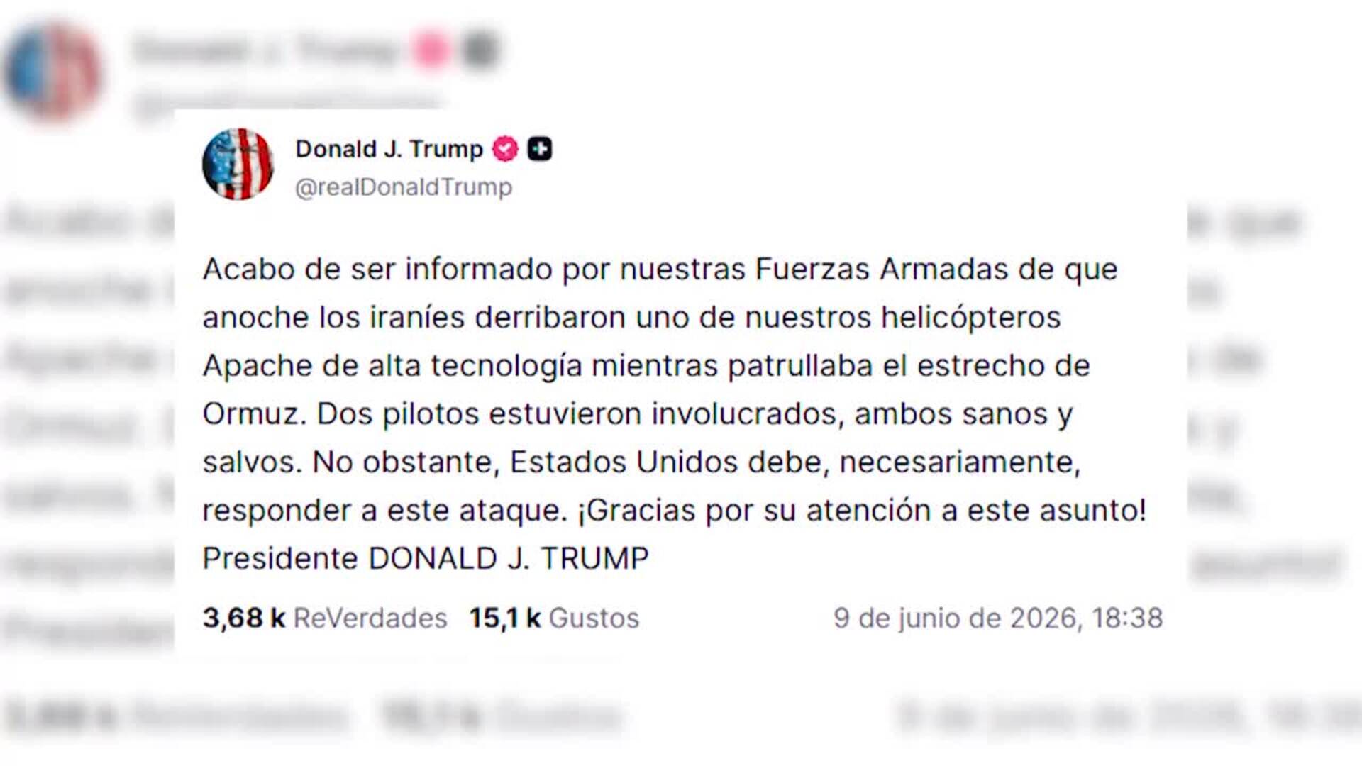 Trump califica de "derribo" el accidente de un helicóptero en Ormuz y promete responder a Irán