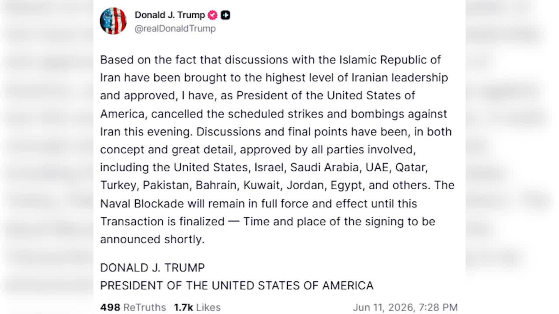 Trump suspende los ataques contra Irán tras aprobar los "puntos finales" del acuerdo