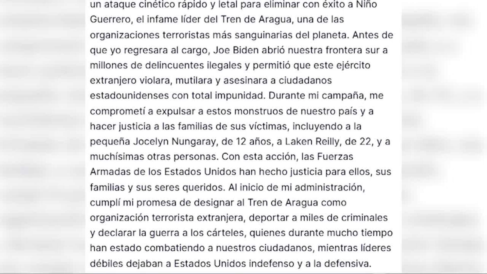 Trump asegura haber eliminado al 'Niño Guerrero', líder de la banda venezolana 'Tren de Aragua'