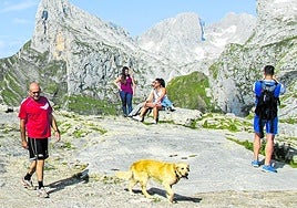 Turistas, acompañados por un perro suelto, disfrutan del paisaje de los Picos de Europa.