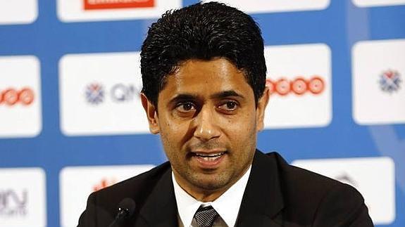 Nasser Al Khelaifi, durante la presentación de David Luiz. 