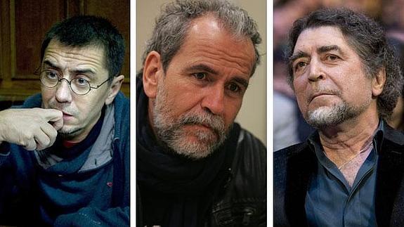 Juan Carlos Monedero, Willy Toledo y Joaquín Sabina.