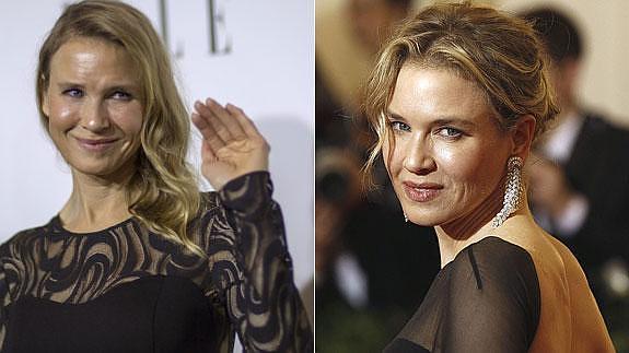 Renée Zellweger en su última aparición. Al lado una foto de 2012. 