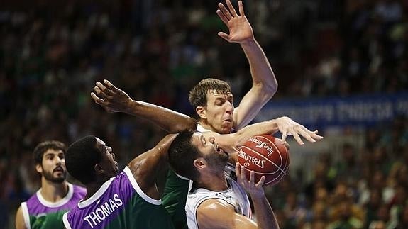 Felipe Reyes intenta progresar ante la defensa de Unicaja. 