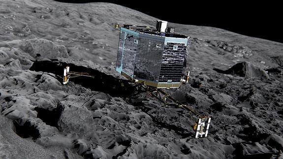 Recreación de la sonda Rosetta con el robot Philae a bordo en la superficie del cometa 67P/Churiumov-Guerasimenko.