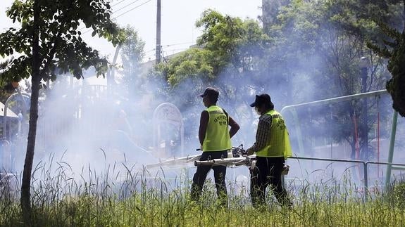 Trabajadores sanitarios fumigan un parque infantil en un barrio residencial.