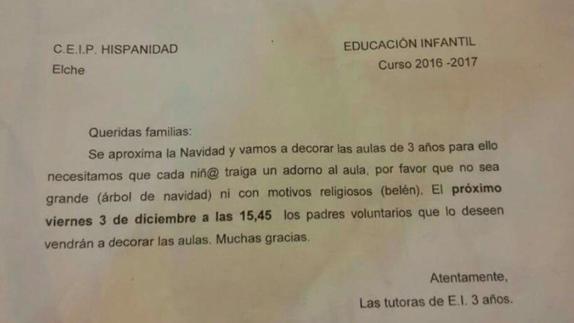 Imagen de la circular recibida por los padres del colegio Hispanidad de Elche.