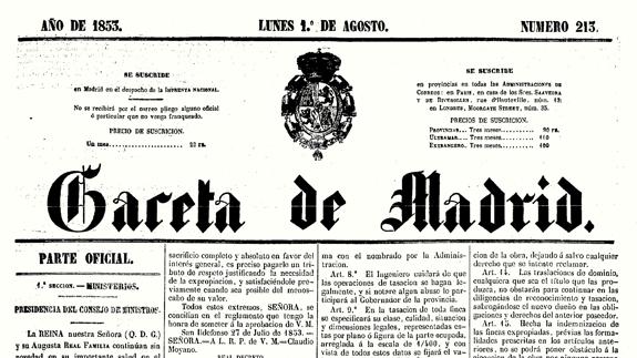 Portada de la Gaceta de Madrid, 1853.