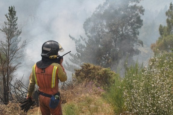 Un momento de las labores de extinción en el incendio declarado en Illano. 