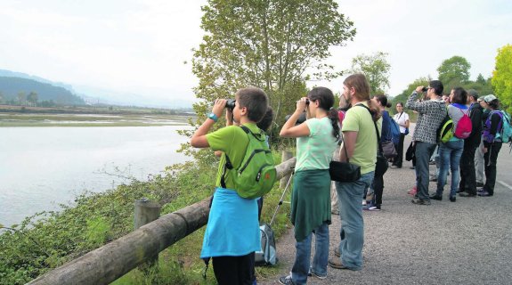 Alejo García, en primer término, junto al resto de participantes en la observación de aves en la ría. 