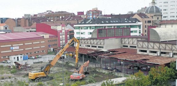 Dos máquinas trabajando ayer en el 'solarón' en el derribo de las marquesinas de los andenes que quedan en la estación de El Humedal. 