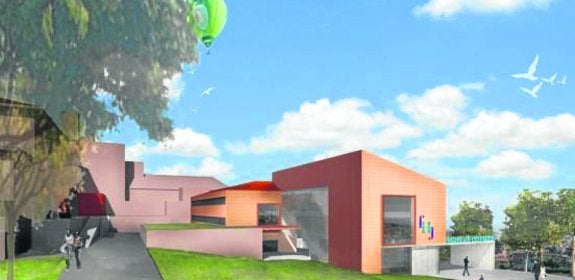 Recreación virtual de la entrada principal al futuro edificio de consultas externas de Jove. Debajo, una imagen actual de la zona.