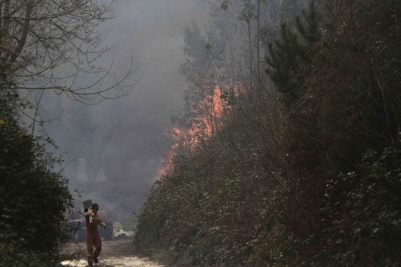 Un bombero observa un incendio forestal ocurrido en 2015 en las inmediaciones del río Ereba, en Llanes. 