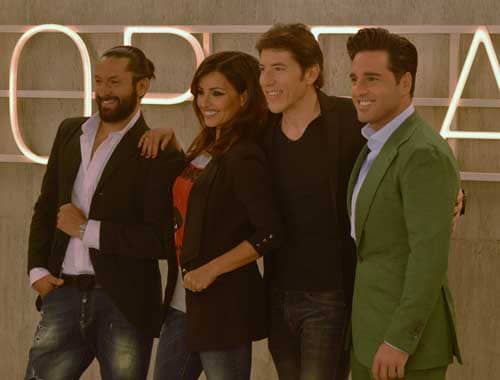 Rafael Amargo, Mónica Cruz y David Bustamante, jurado de 'Top Dance', junto al presentador Manel Fuentes.