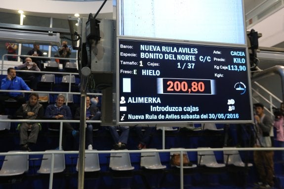 La pantalla refleja el precio del primer cajón de bonito subastado este año en la lonja de Avilés y adquirido, un año más, por la cadena de supermercados Alimerka. 