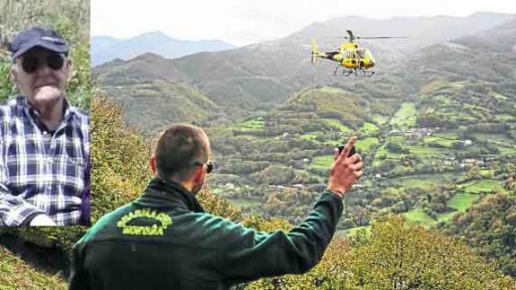 Un guardia civil da indicaciones al helicóptero, durante las operaciones de rastreo. A la izquierda, una imagen reciente de Prudencio García. /