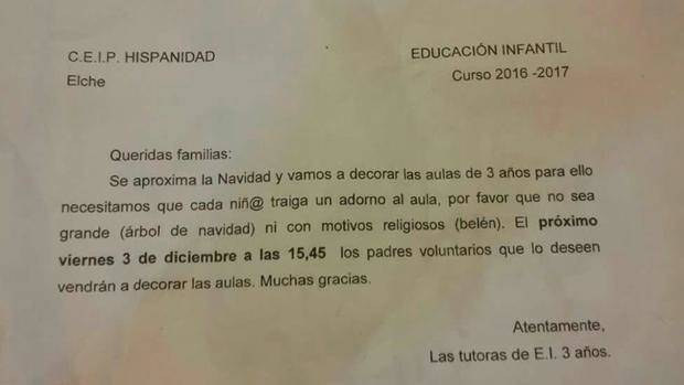 Circular del colegio con la información