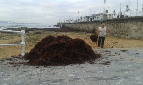 El gijonés Andrés del Valle, el pasado lunes, con su tridente, en la rampa del Tostaderu. Tras él, ocle acumulado junto a la escalera 17. 