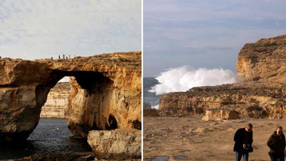 La zona donde se situaba la Ventana Azul, antes y después del derrumbe. 