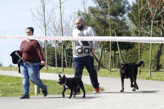 María y Alejandro, con sus dos perros, en el parque de Nuevo Roces, ante una cinta que indica que está precintado. 