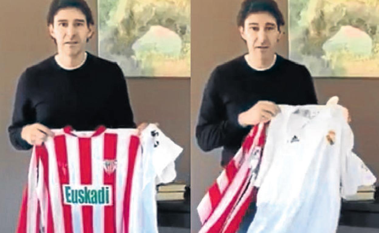 Karanka dona una camiseta del Athletic y otra del Real Madrid para la subasta 'Eutsi-Goiari'.
