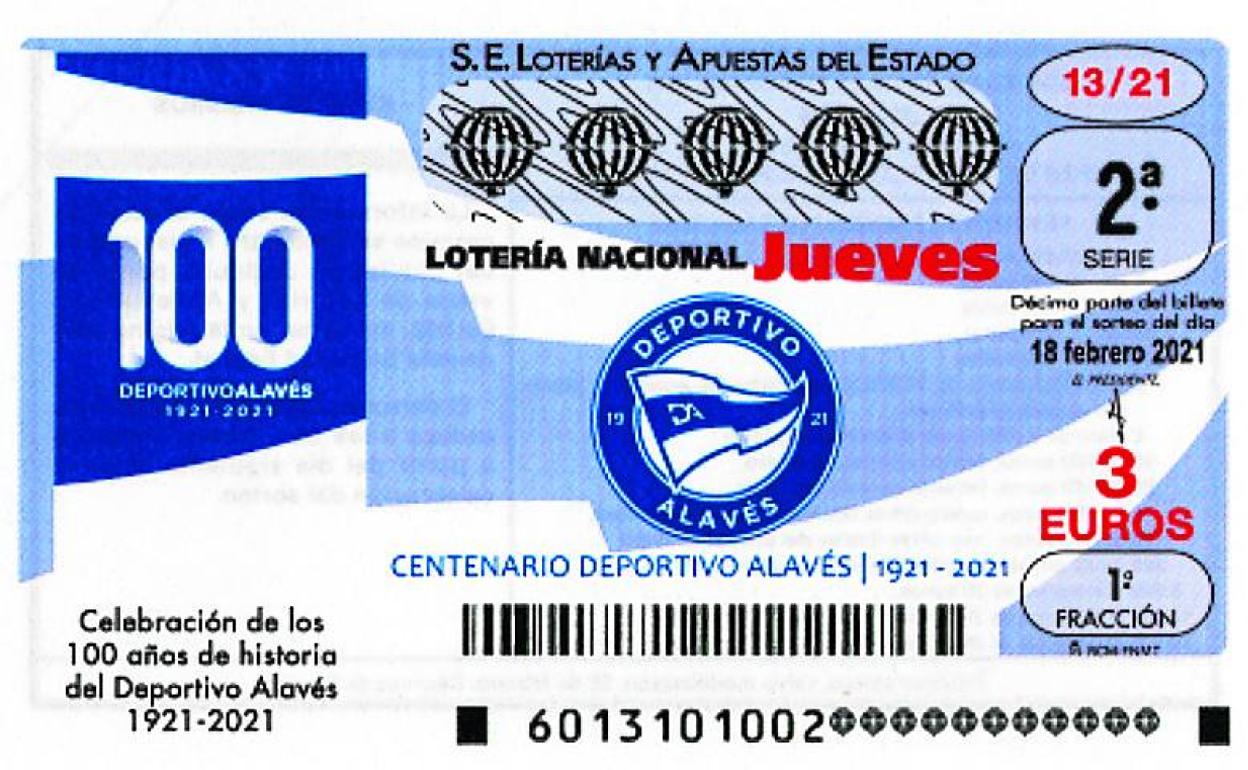 El boleto de la Lotería Nacional, con los motivos del centenario albiazul. 