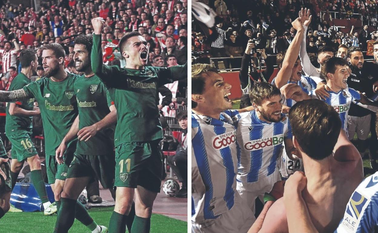 Felicidad. Jugadores del Athletic y de la Real Sociedad celebran sus respectivos pases a la final tras eliminar a Granada y Mirandés.