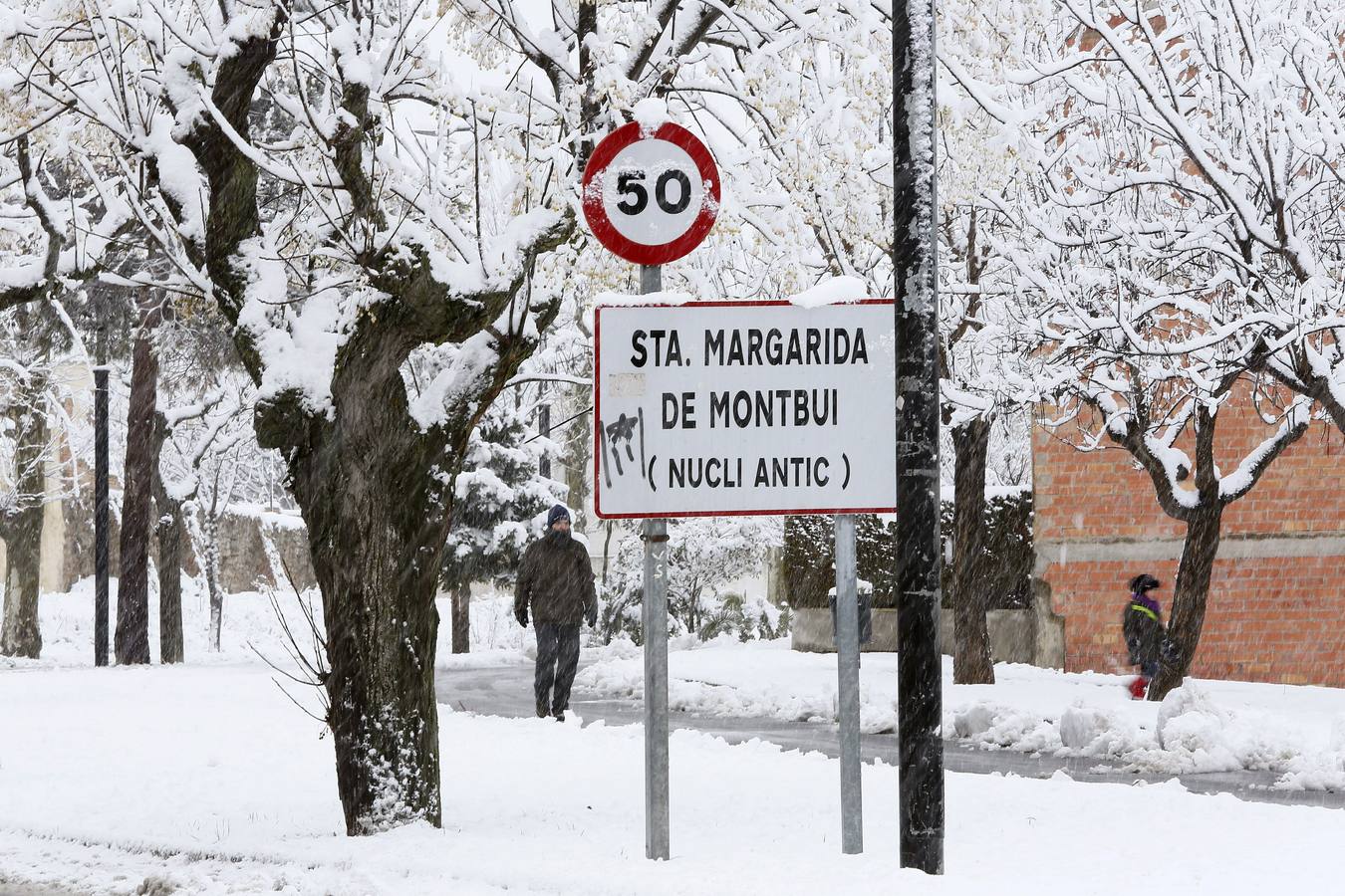 Nieve en la provincia de Barcelona. SANTA MARGARIDA DE MONTBUI, BARCELONA. Carretera C-37 que atraviesa la localidad de Santa Margarida de Montbui, en Barcelona. Siete carreteras de la red viaria catalana están cortadas en estos momentos por culpa de la nieve, mientras que en otras nueve es obligatorio el uso de cadenas, informa el Servicio Meteorológico de Cataluña (SMC).