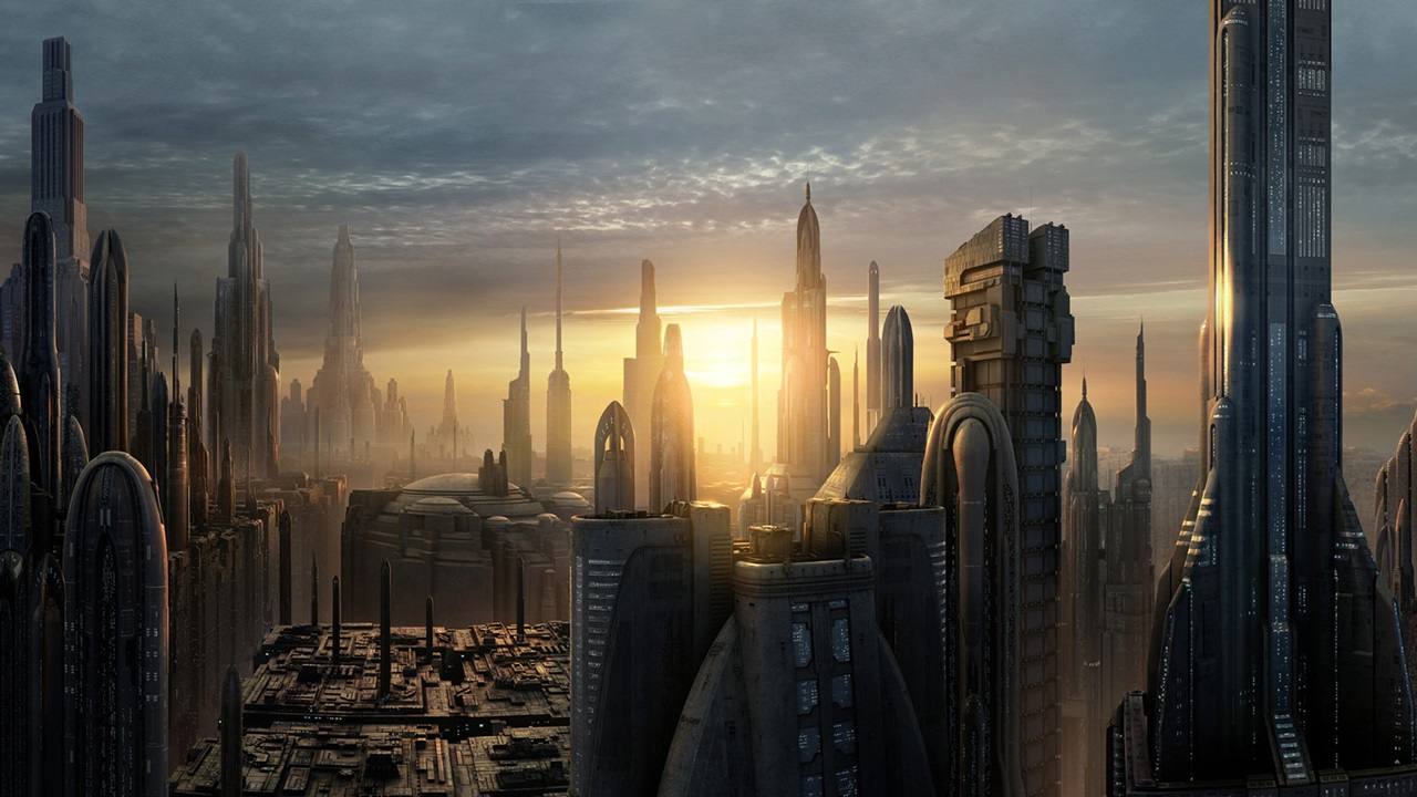 Coruscant. Capital de la República Galáctica. Ubicado en el centro de la galaxia, es uno de sus planetas más poblado. Alberga el Senado Galáctico y el Templo Jedi