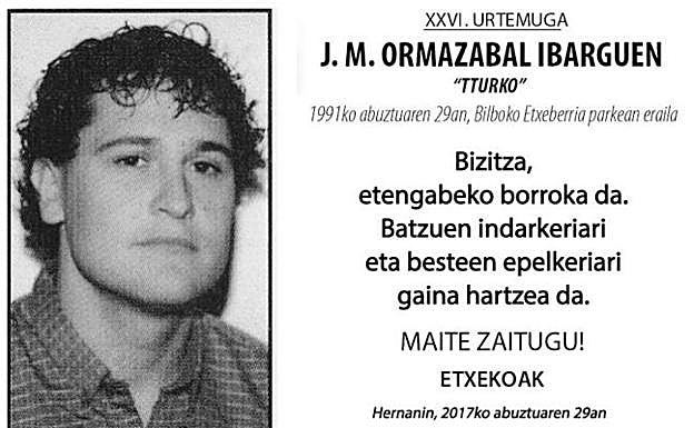 Imagen de una de las esquelas públicadas en ‘Hernaniko Kronika’ en las que se dice que Juan María Ormazabal fue asesinado en Bilbao. 