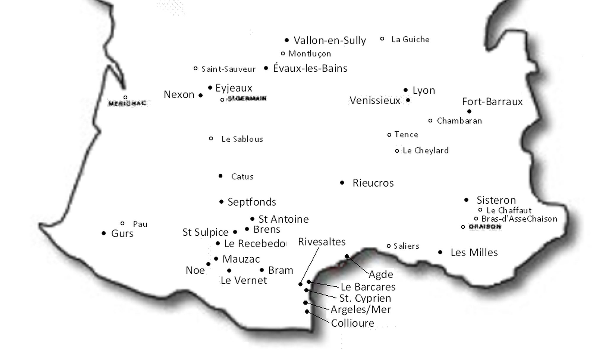 Mapa con la distribución de los campos de internamiento que Francia dispone para controlar a los refugiados.