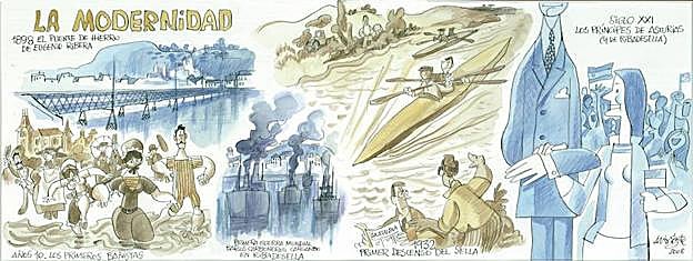 Uno de los murales dibujados por Toni Silva sobre la historia de Ribadesella desde las cavernas hasta hoy.