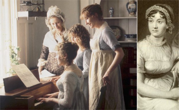 Una escena de la adaptación cinematográfica de 'Sentido y sensibilidad'. A la derecha, la escritora Jane Austen.