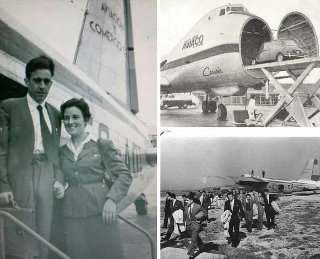 José Alonso de Armiño (delegado de Aviaco en Bilbao) posa junto a su mujer. Son los padres de Ana, que aparece en la foto de exempleados. A la derecha, un ‘mini’ embarca en un avión de la aerolínea. Abajo, uno de los primeros vuelos de Aviaco en Sondika. 