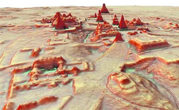 Reconstrucción tridimensional de los alrededores de la ciudad maya de Tikal, en Guatemala, desprovistos de vegetación gracias al sistema Lidar, en la que se aprecian numerosas estructuras que habían permanecido ocultas durante cientos de años.