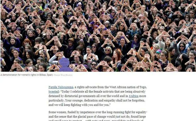 Fotografía publicada en la noticia de la web del NYT que daba cuenta de las movilizaciones convocadas en todo el mundo con motivo del 8M. 
