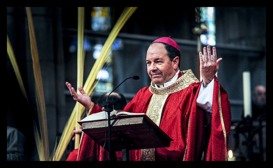 Rodeado de feligreses que portaban sus ramos de laurel y sus palmas, el obispo de Vitoria, Juan Carlos Elizalde, ha realizado la tradicional bendición del Domingo de Ramos en el pórtico de la catedral de María Inmaculada. Después, en el interior, ha oficiado la misa, con la lectura del Evangelio sobre la Pasión de Cristo.