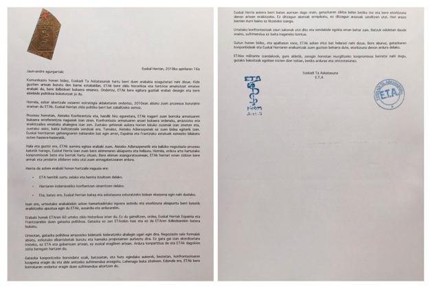 Carta del anuncio de la disolución de ETA