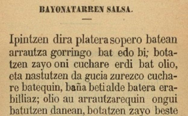 Receta de la salsa mahonesa, según 'Cocinan icasteco liburua', 1889. 