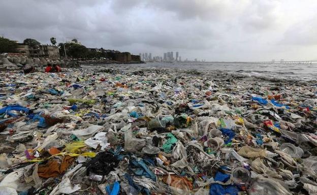 Montaña de bolsas de basura al pie del mar.