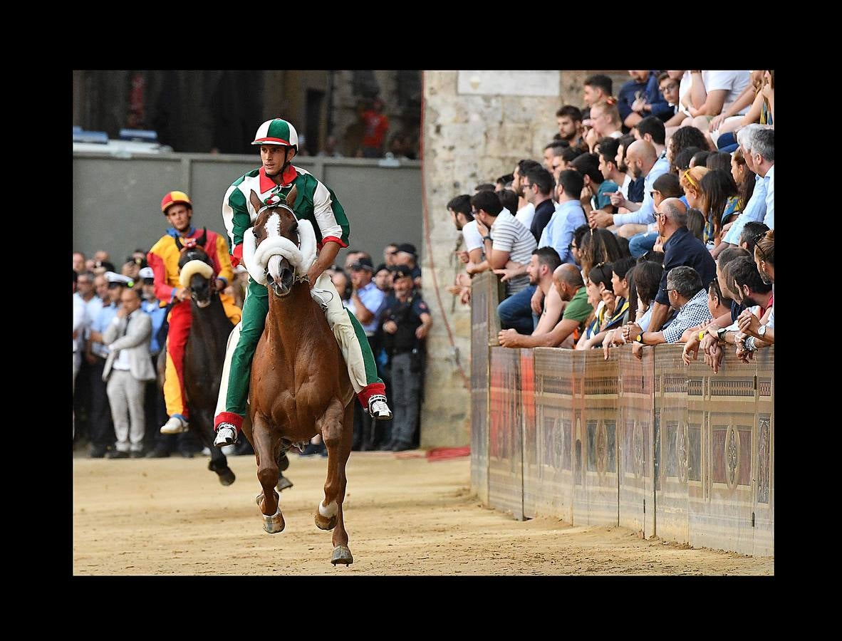 En la Piazza del Campo, en pleno corazón de Siena, en la Toscana, se celebra cada año, en dos ocasiones (las fotografías se tomaron el 2 de julio), la carrera de caballos de origen medieval conocida como «Il Palio.» La ciudad se engalana con estandartes, blasones y guirnaldas para celebrar tres días de alegría durante los cuales, además de participar en las bendiciones de los animales, es posible disfrutar de música y conciertos. En la carrera participan diez caballos, que representan a alguna de las «contradas» o distritos de la ciudad, y han de dar tres vueltas completas a la Piazza del Campo. El primero en terminarlas, con o sin jinete, será el ganador.