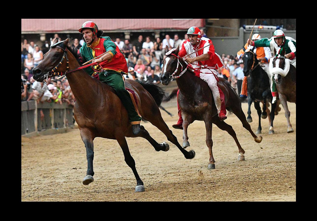 En la Piazza del Campo, en pleno corazón de Siena, en la Toscana, se celebra cada año, en dos ocasiones (las fotografías se tomaron el 2 de julio), la carrera de caballos de origen medieval conocida como «Il Palio.» La ciudad se engalana con estandartes, blasones y guirnaldas para celebrar tres días de alegría durante los cuales, además de participar en las bendiciones de los animales, es posible disfrutar de música y conciertos. En la carrera participan diez caballos, que representan a alguna de las «contradas» o distritos de la ciudad, y han de dar tres vueltas completas a la Piazza del Campo. El primero en terminarlas, con o sin jinete, será el ganador.