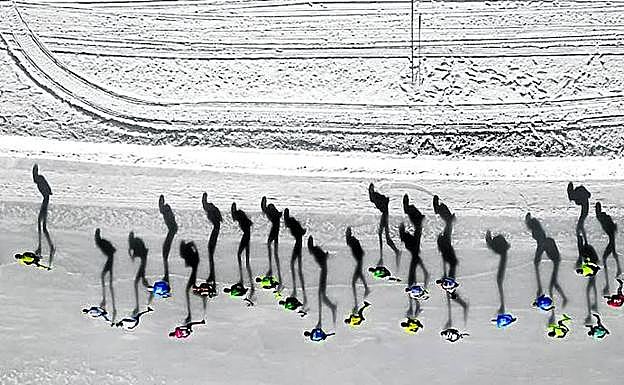 Imagen principal - 1. 'Sombras patinadoras'. La mejor en la categoría de Deporte, fue tomada por Vicent Riemersma durante una maratón en Austria. / 2. Un oso polar salta entre dos placas de hielo en el norte de Canadá. Ganadora absoluta del certamen y realizada por Florian Ledoux / 3. 'Tiburón de punta negra'. Le rodea una legión de peces desovantes, en Bahamas. Vencedora en Vida Salvaje. Por Adam Barker